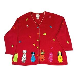 Quaker Factory 3X Red Cardigan Sweater Dog Lover Applique Quirky Eclectic